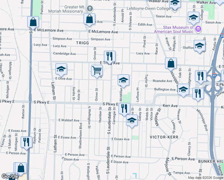 map of restaurants, bars, coffee shops, grocery stores, and more near 1400 South Lauderdale Street in Memphis