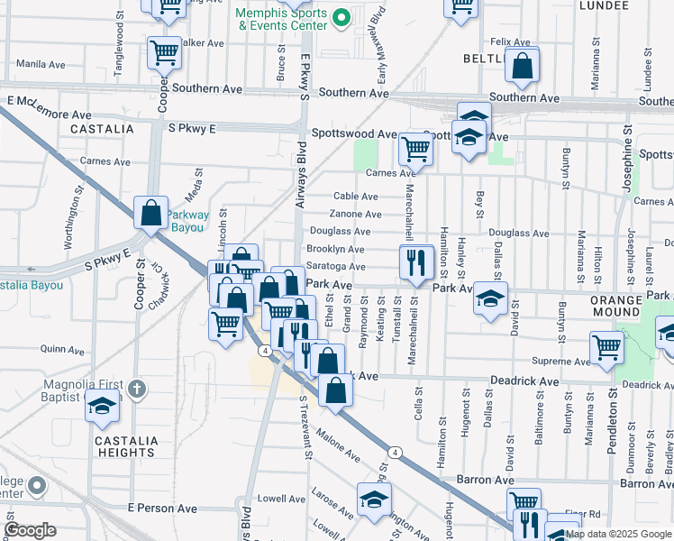 map of restaurants, bars, coffee shops, grocery stores, and more near 2357 Saratoga Avenue in Memphis
