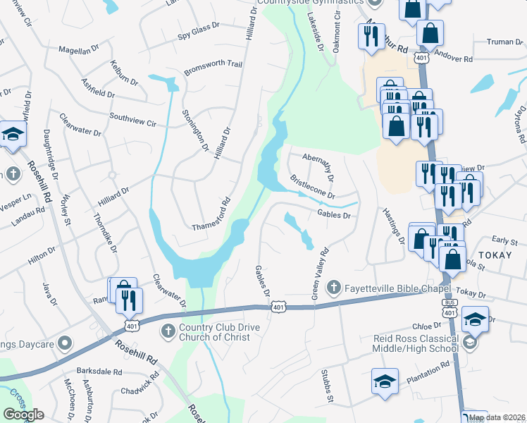 map of restaurants, bars, coffee shops, grocery stores, and more near 3505 Gables Drive in Fayetteville