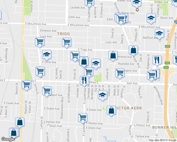 map of restaurants, bars, coffee shops, grocery stores, and more near 1400 South Lauderdale Street in Memphis