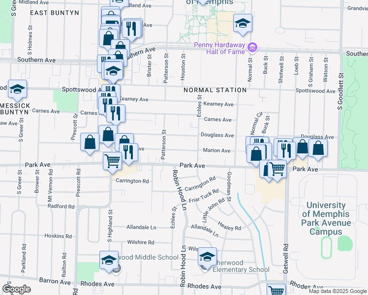 map of restaurants, bars, coffee shops, grocery stores, and more near 3684 Marion Avenue in Memphis