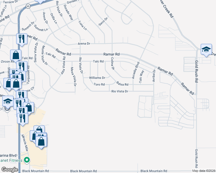 map of restaurants, bars, coffee shops, grocery stores, and more near 1718 Toro Road in Bullhead City