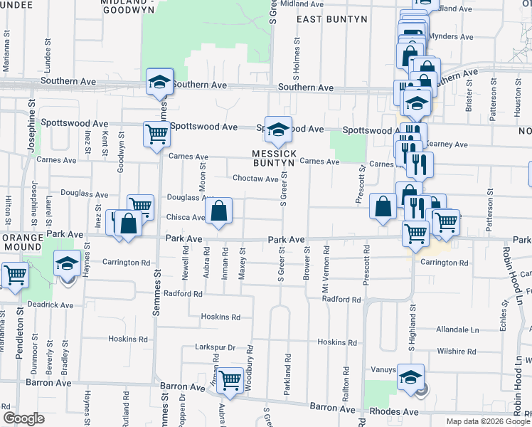 map of restaurants, bars, coffee shops, grocery stores, and more near 3226 Chisca Avenue in Memphis