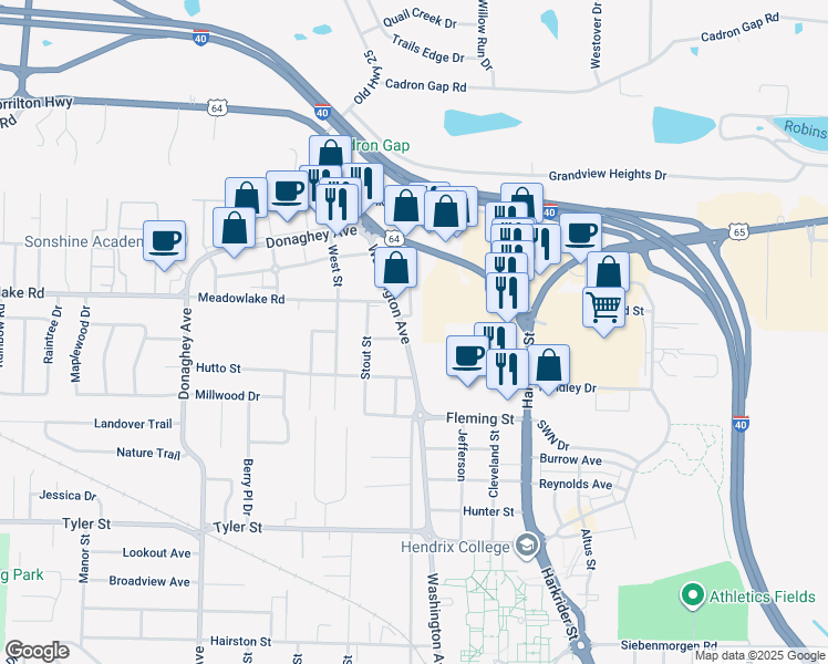 map of restaurants, bars, coffee shops, grocery stores, and more near 2220 Washington Avenue in Conway