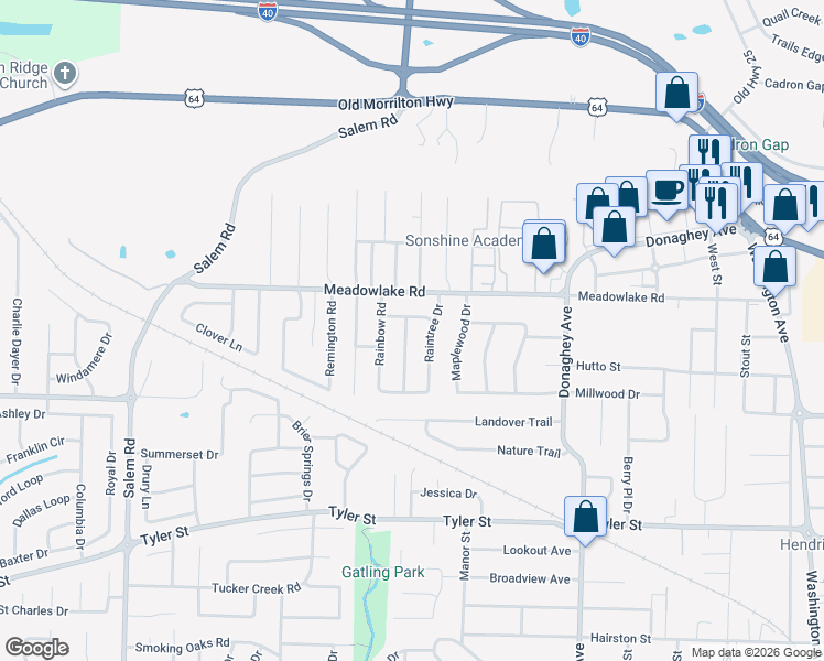map of restaurants, bars, coffee shops, grocery stores, and more near 2240 Rainwood Avenue in Conway