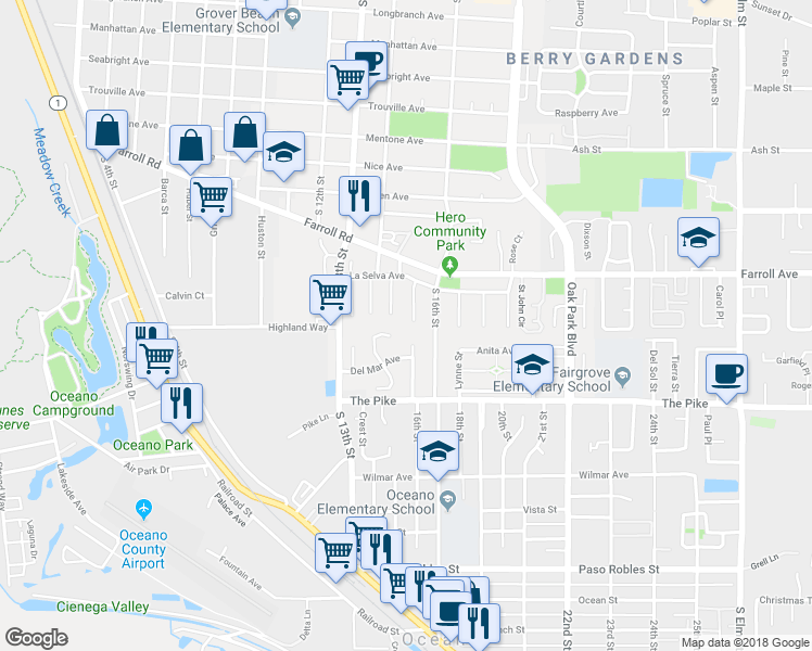 map of restaurants, bars, coffee shops, grocery stores, and more near 1180 Marbella Court in Grover Beach