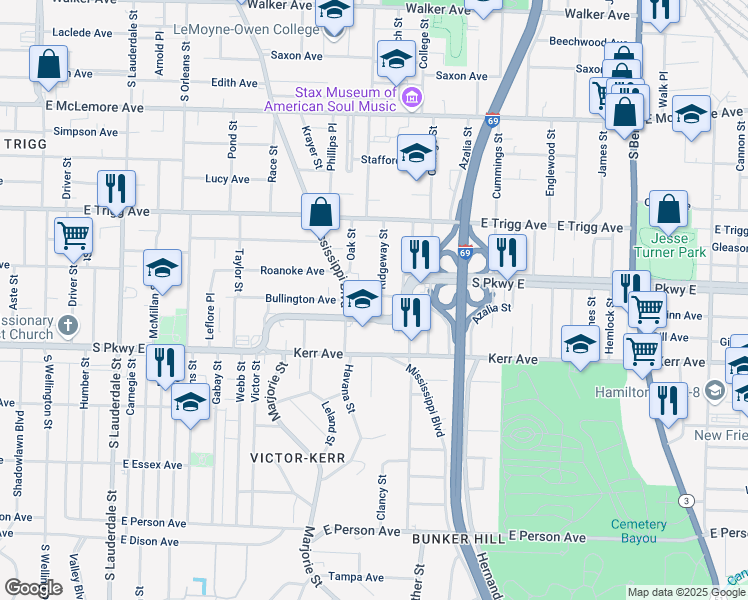 map of restaurants, bars, coffee shops, grocery stores, and more near 889 Bullington Avenue in Memphis