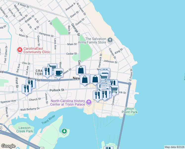 map of restaurants, bars, coffee shops, grocery stores, and more near 514 Broad Street in New Bern