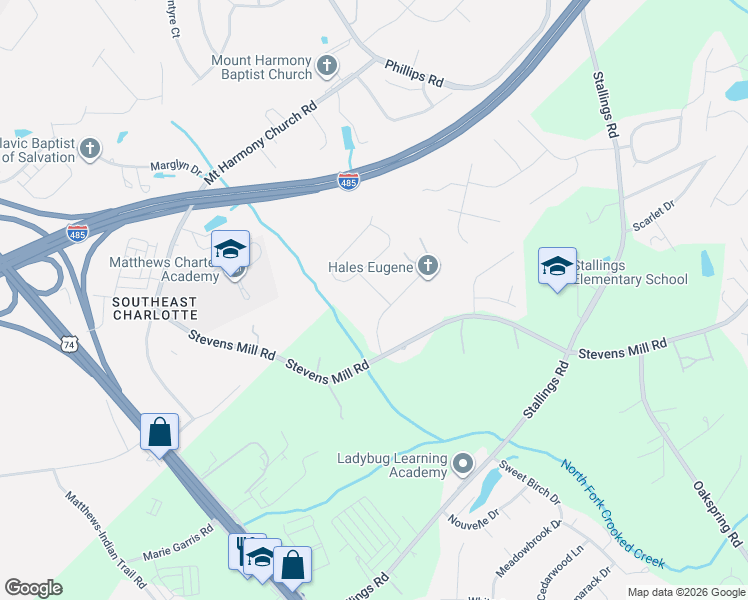 map of restaurants, bars, coffee shops, grocery stores, and more near 5033 Blackberry Lane in Matthews
