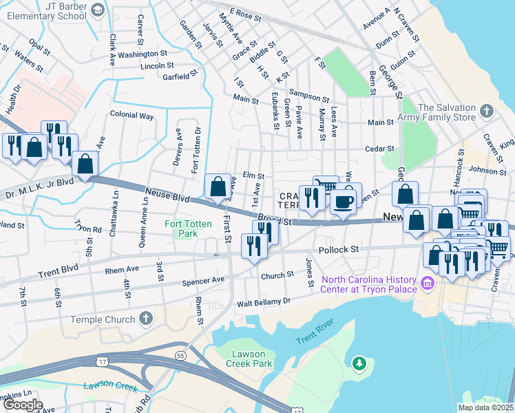 map of restaurants, bars, coffee shops, grocery stores, and more near 508 1st Ave in New Bern