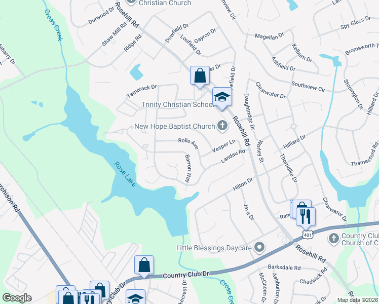 map of restaurants, bars, coffee shops, grocery stores, and more near 3540 Barron Way in Fayetteville