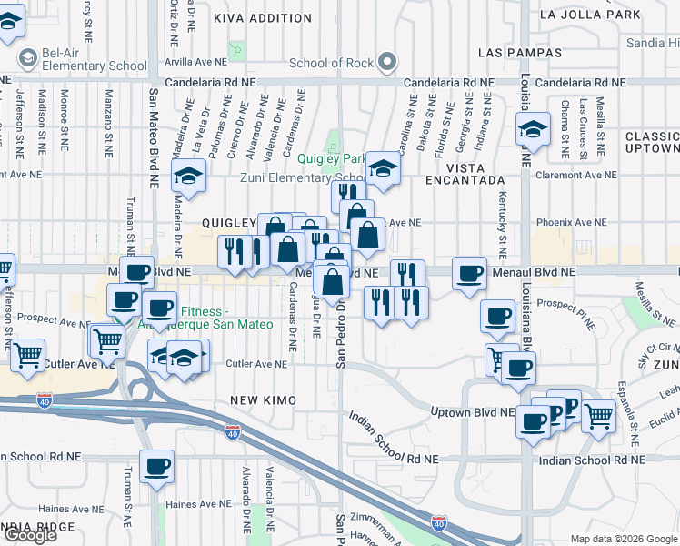 map of restaurants, bars, coffee shops, grocery stores, and more near Menaul Boulevard Northeast & San Pedro Drive Northeast in Albuquerque