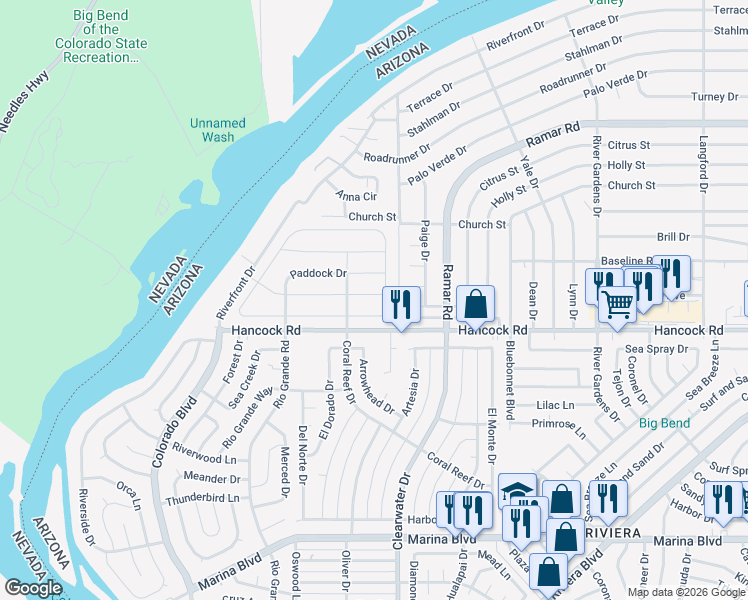 map of restaurants, bars, coffee shops, grocery stores, and more near 580 Downey Drive in Bullhead City