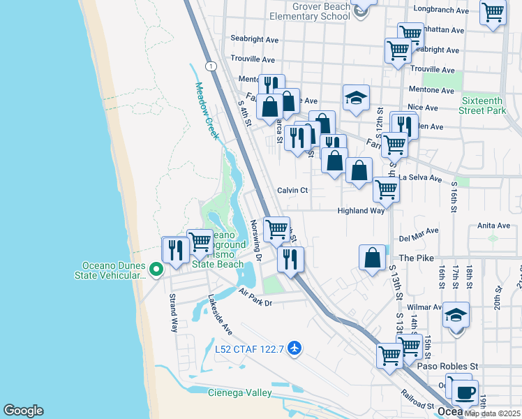 map of restaurants, bars, coffee shops, grocery stores, and more near 1168 Pacific Boulevard in Oceano