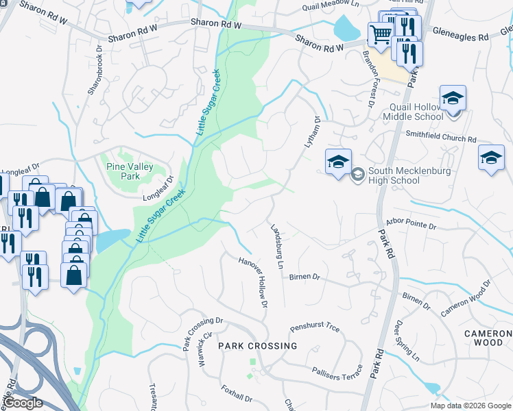 map of restaurants, bars, coffee shops, grocery stores, and more near 2400 Turnberry Lane in Charlotte