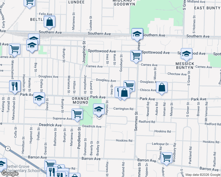 map of restaurants, bars, coffee shops, grocery stores, and more near 845 Inez Street in Memphis