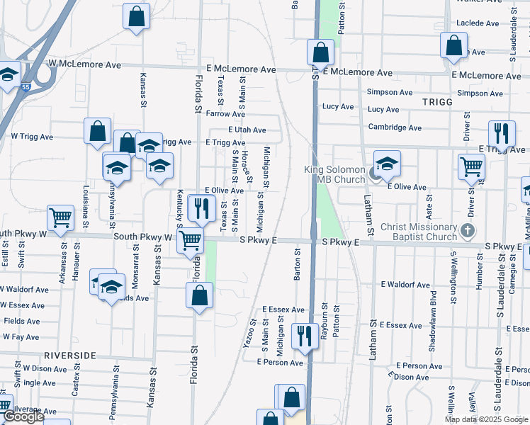 map of restaurants, bars, coffee shops, grocery stores, and more near 1406 Michigan Street in Memphis