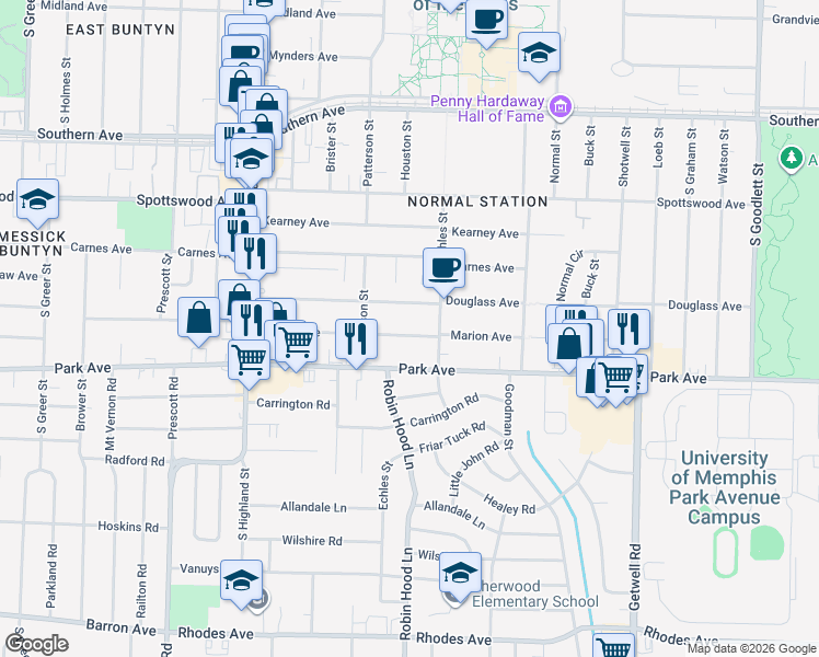 map of restaurants, bars, coffee shops, grocery stores, and more near 3684 Marion Avenue in Memphis