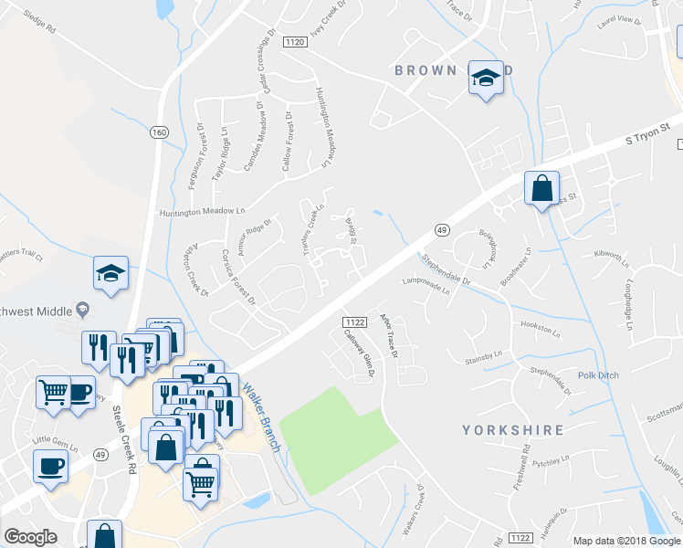 map of restaurants, bars, coffee shops, grocery stores, and more near 12942 Mosby Lane in Charlotte