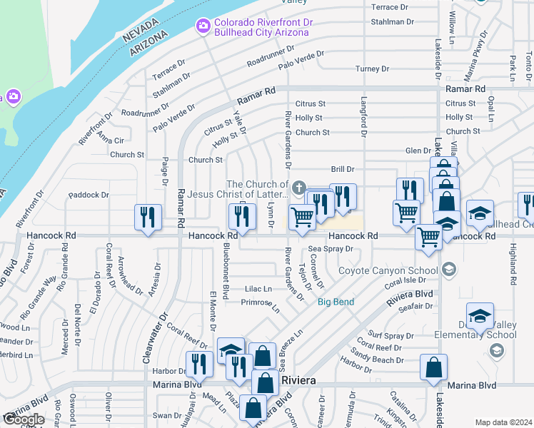 map of restaurants, bars, coffee shops, grocery stores, and more near 1715 Lynn Drive in Bullhead City