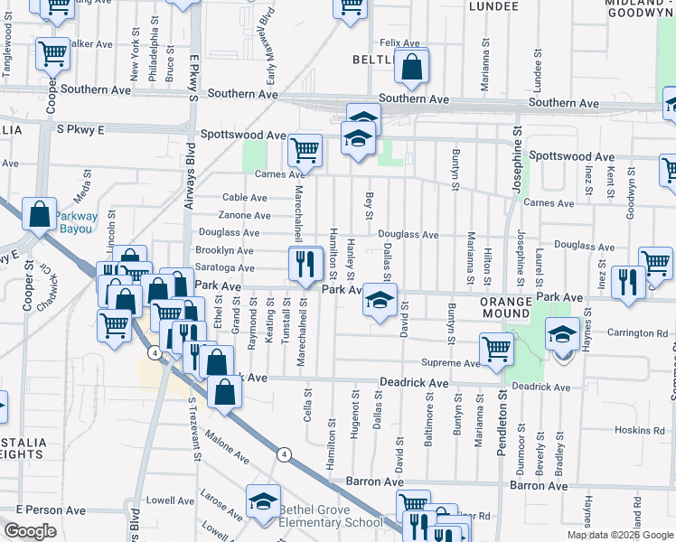 map of restaurants, bars, coffee shops, grocery stores, and more near 848 Hamilton St in Memphis
