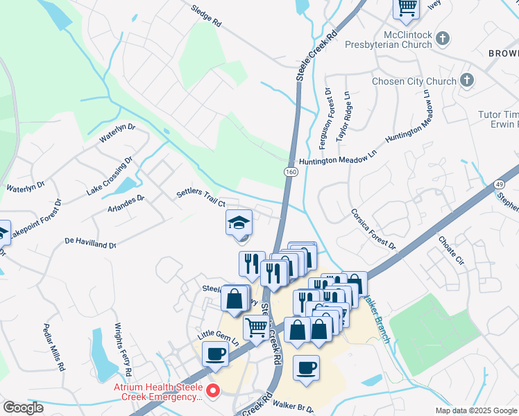 map of restaurants, bars, coffee shops, grocery stores, and more near 13307 Settlers Trail Court in Charlotte