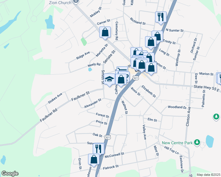 map of restaurants, bars, coffee shops, grocery stores, and more near 201 Pressley Street in Clover