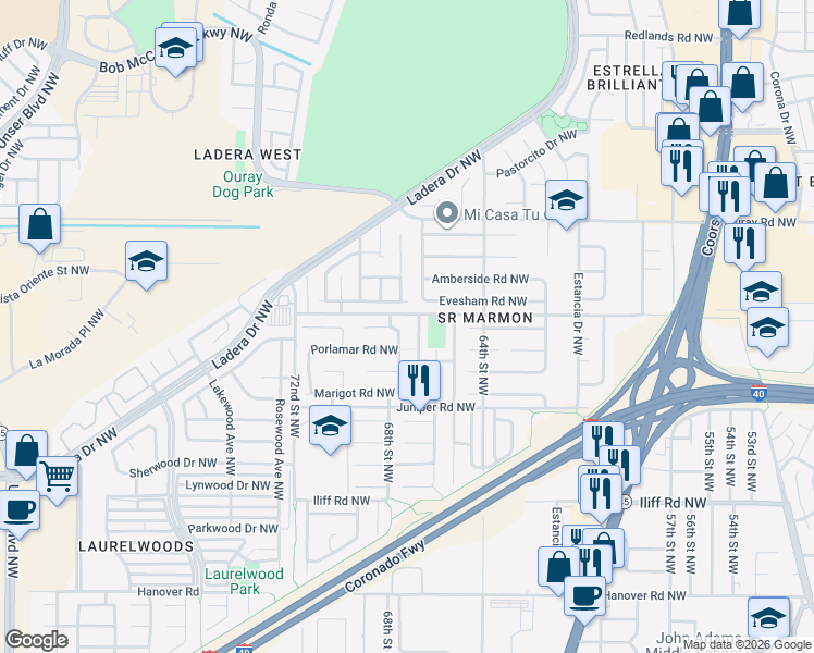 map of restaurants, bars, coffee shops, grocery stores, and more near 2216 68th Street Northwest in Albuquerque