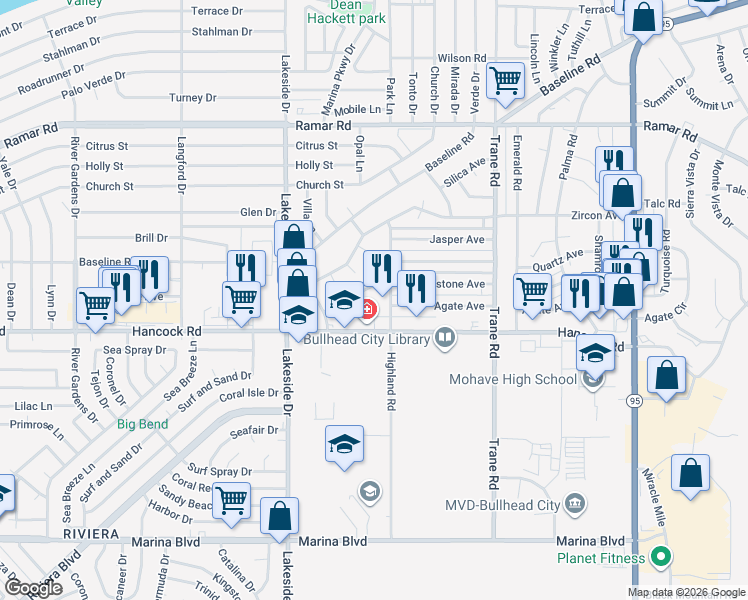 map of restaurants, bars, coffee shops, grocery stores, and more near 1092 Gemstone Circle in Bullhead City