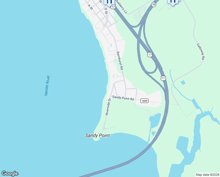 map of restaurants, bars, coffee shops, grocery stores, and more near 309 Riverside Drive in New Bern