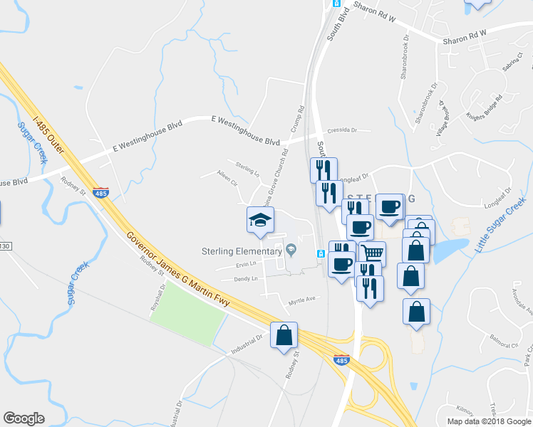 map of restaurants, bars, coffee shops, grocery stores, and more near 9501 China Grove Church Rd in Pineville