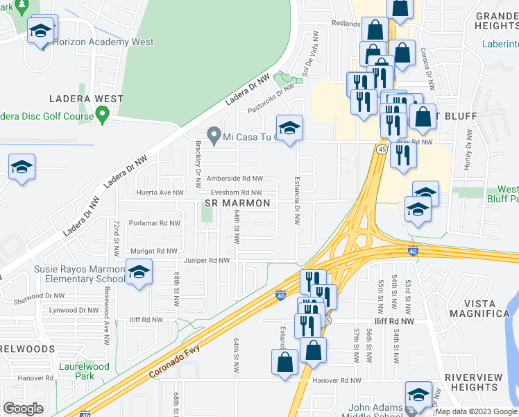 map of restaurants, bars, coffee shops, grocery stores, and more near 6203 Sunray Road Northwest in Albuquerque