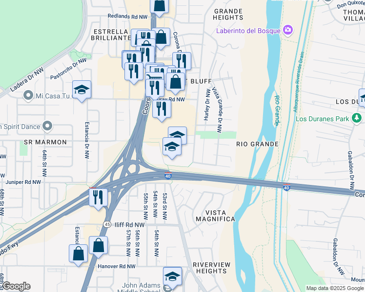 map of restaurants, bars, coffee shops, grocery stores, and more near 5248 Chris Court Northwest in Albuquerque