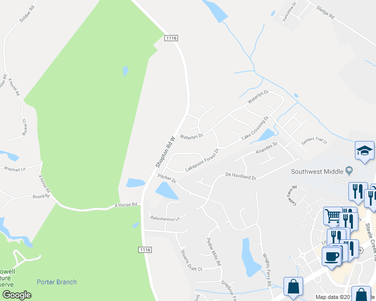 map of restaurants, bars, coffee shops, grocery stores, and more near 11638 Village Pond Drive in Charlotte