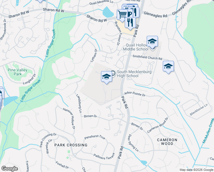 map of restaurants, bars, coffee shops, grocery stores, and more near 8900 Park Road in Charlotte