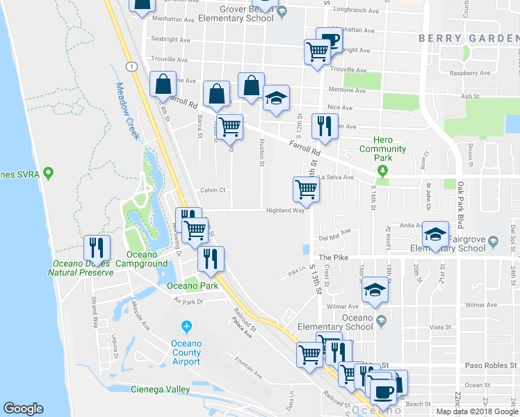 map of restaurants, bars, coffee shops, grocery stores, and more near 981 Highland Way in Grover Beach