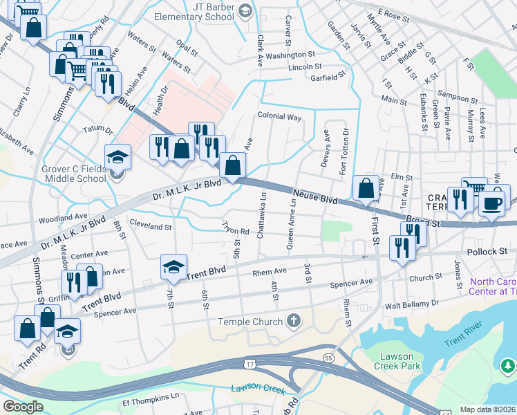 map of restaurants, bars, coffee shops, grocery stores, and more near 601 Chattawka Lane in New Bern