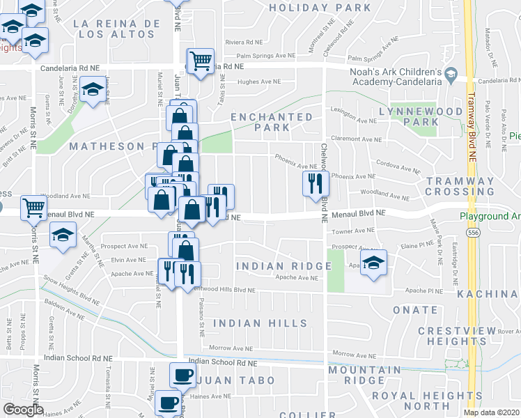map of restaurants, bars, coffee shops, grocery stores, and more near 11709 Menaul Blvd NE in Albuquerque