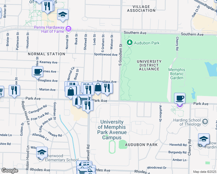 map of restaurants, bars, coffee shops, grocery stores, and more near 809 Watson Street in Memphis