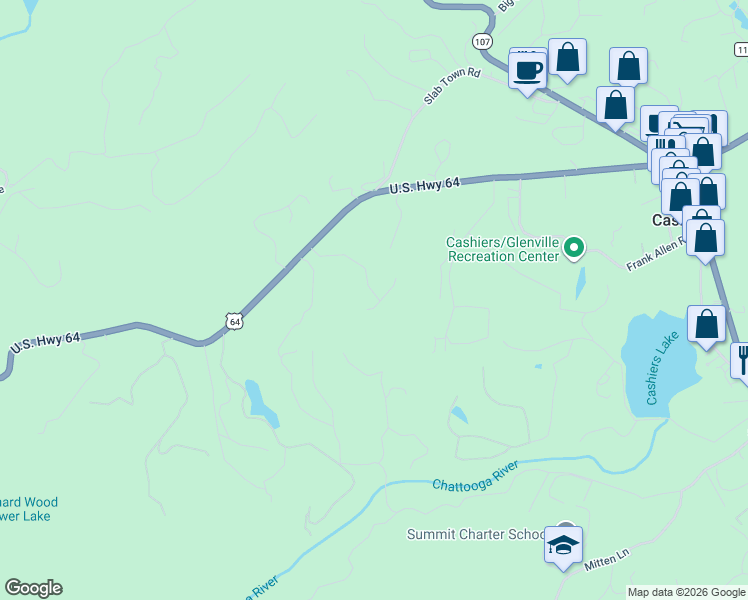 map of restaurants, bars, coffee shops, grocery stores, and more near 270-56 Crestwood Dr in Cashiers