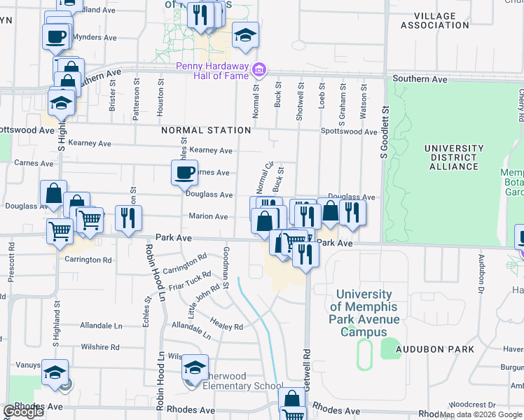 map of restaurants, bars, coffee shops, grocery stores, and more near 3854 Marion Avenue in Memphis