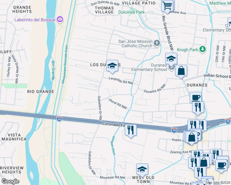 map of restaurants, bars, coffee shops, grocery stores, and more near 2911 Duranes Road Northwest in Albuquerque