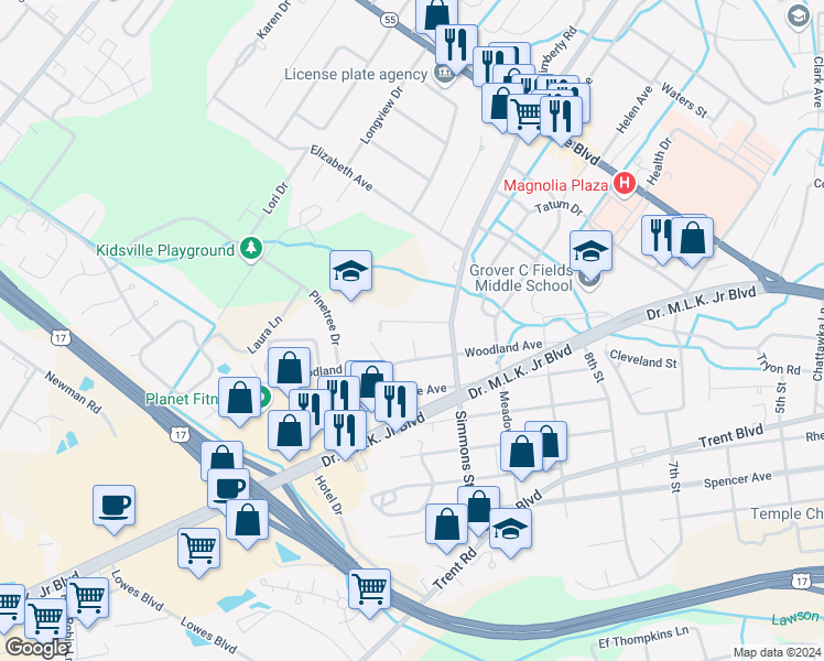map of restaurants, bars, coffee shops, grocery stores, and more near 2411 Educational Drive in New Bern