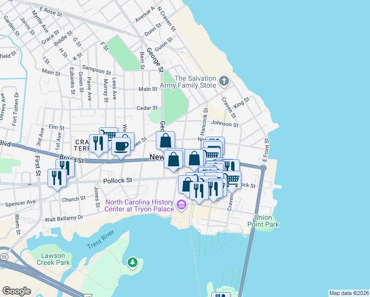 map of restaurants, bars, coffee shops, grocery stores, and more near 407 Metcalf Street in New Bern