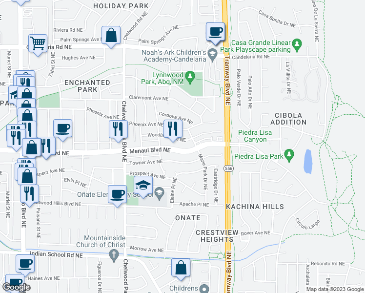 map of restaurants, bars, coffee shops, grocery stores, and more near 12229 Menaul Boulevard Northeast in Albuquerque