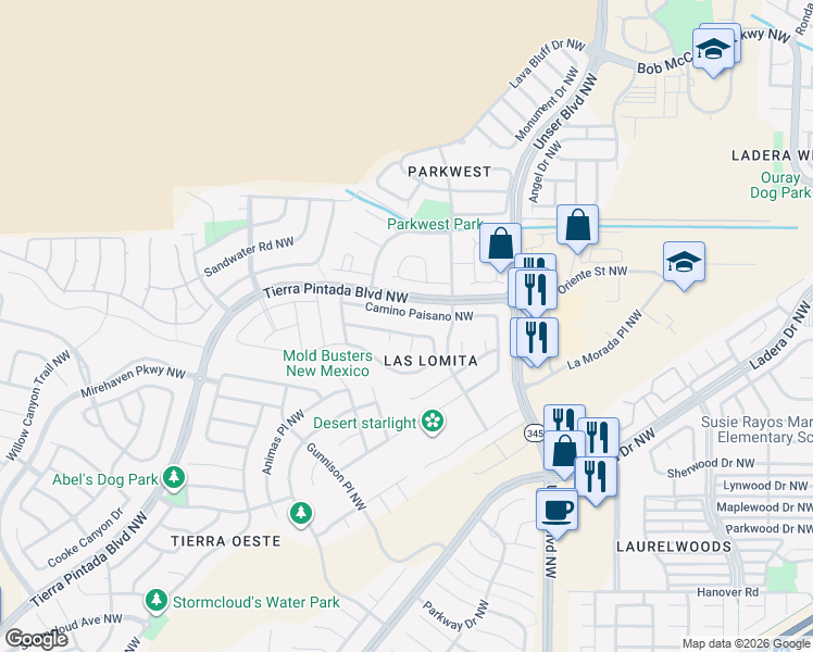 map of restaurants, bars, coffee shops, grocery stores, and more near 8205 Calle Ensueno Northwest in Albuquerque