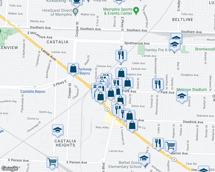 map of restaurants, bars, coffee shops, grocery stores, and more near 1335 Bruce Street in Memphis