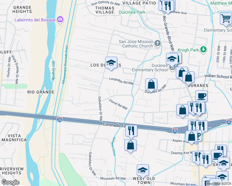 map of restaurants, bars, coffee shops, grocery stores, and more near 2911 Duranes Road Northwest in Albuquerque