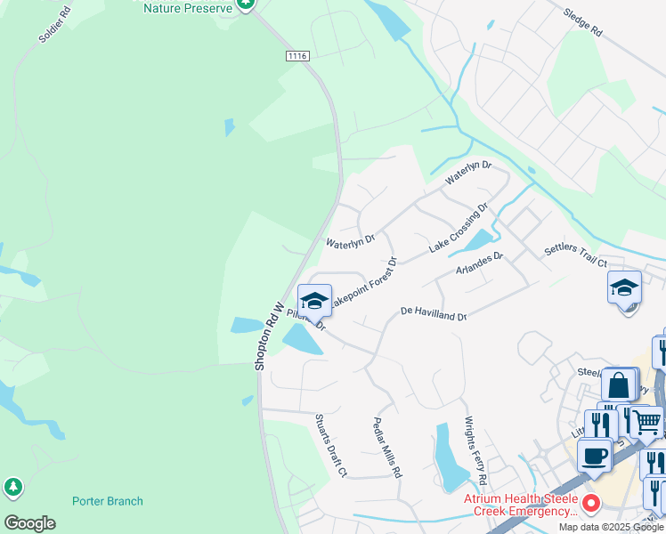map of restaurants, bars, coffee shops, grocery stores, and more near 11638 Village Pond Drive in Charlotte