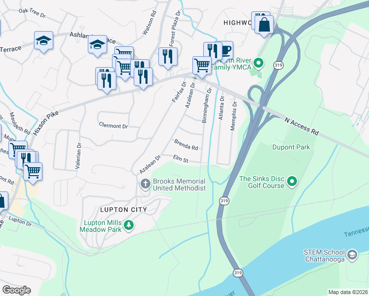 map of restaurants, bars, coffee shops, grocery stores, and more near 1420 Brenda Road in Chattanooga